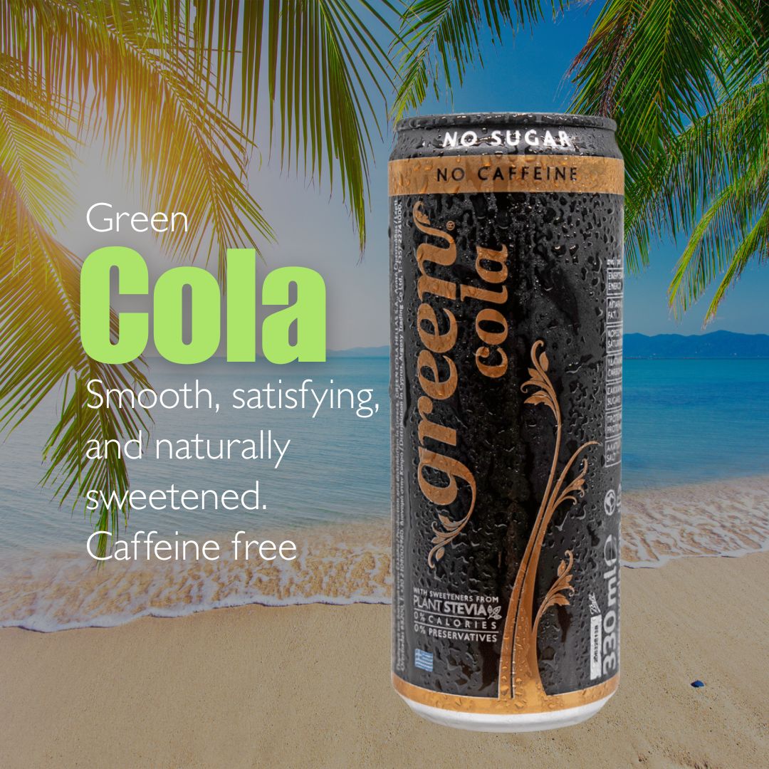 Green Cola. Smooth satisfying and naturally sweetened with stevia. Caffeine free.