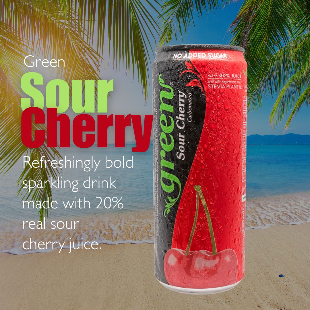Green Sour Cherry. Refreshingly bold sparkling drink made with 20% real sour cherry juice.
